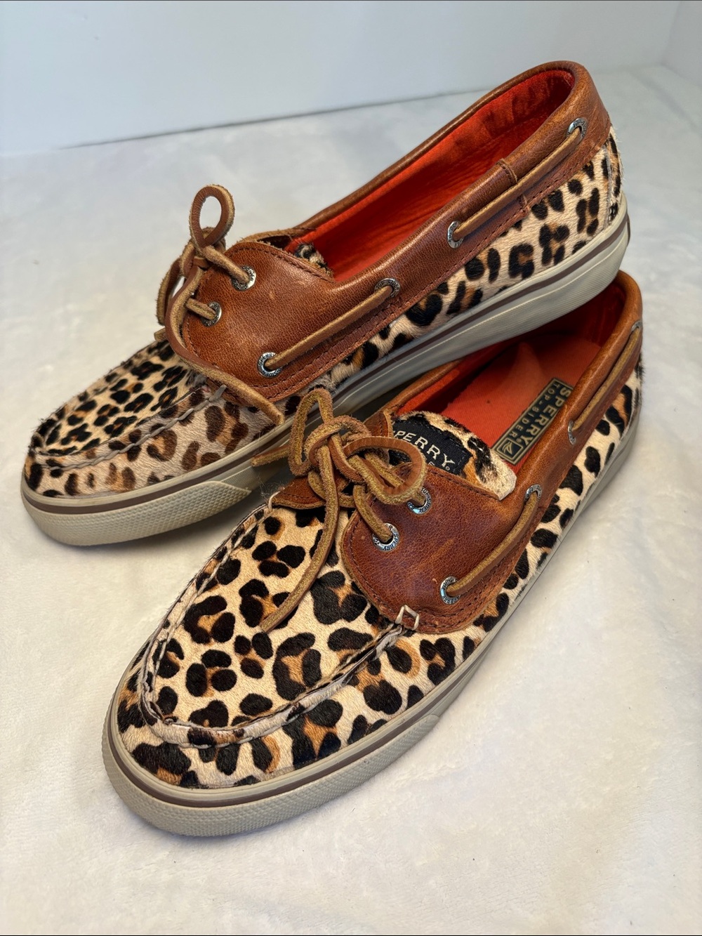Sperry Leopard Print textured calf-hair & Brown leather Deck Shoes Size 8